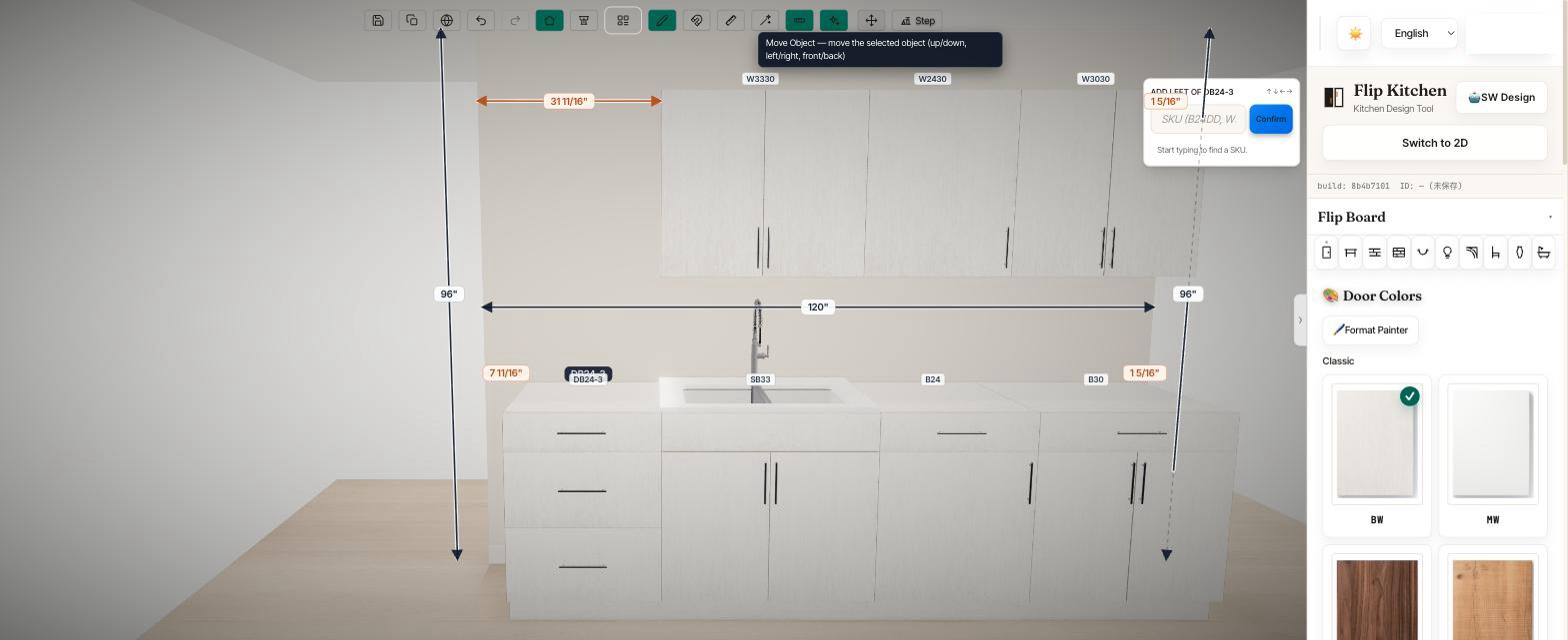 The same 3D room with Edit 3D turned on: dimension arrows, SKU labels on every cabinet and the editing toolbar